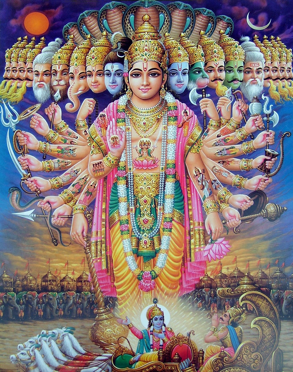 multi-armed hindu deity who has different objects in each hand symbolizing all his/her different powers