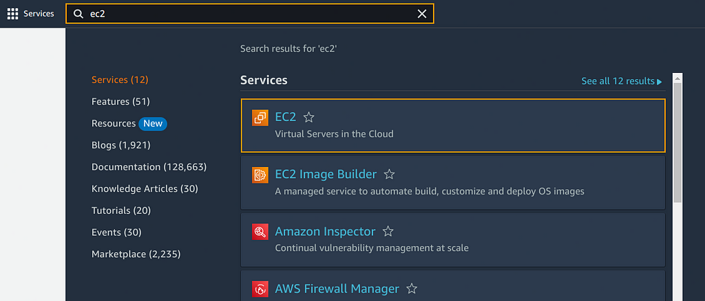 Picture showing how to search EC2 services using AWS search bar