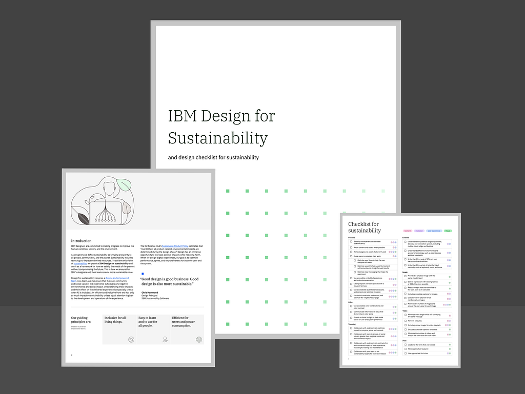 Screenshots of the IBM Design for sustainability position paper, including the cover page, the opening page, and the design for sustainability checklist.