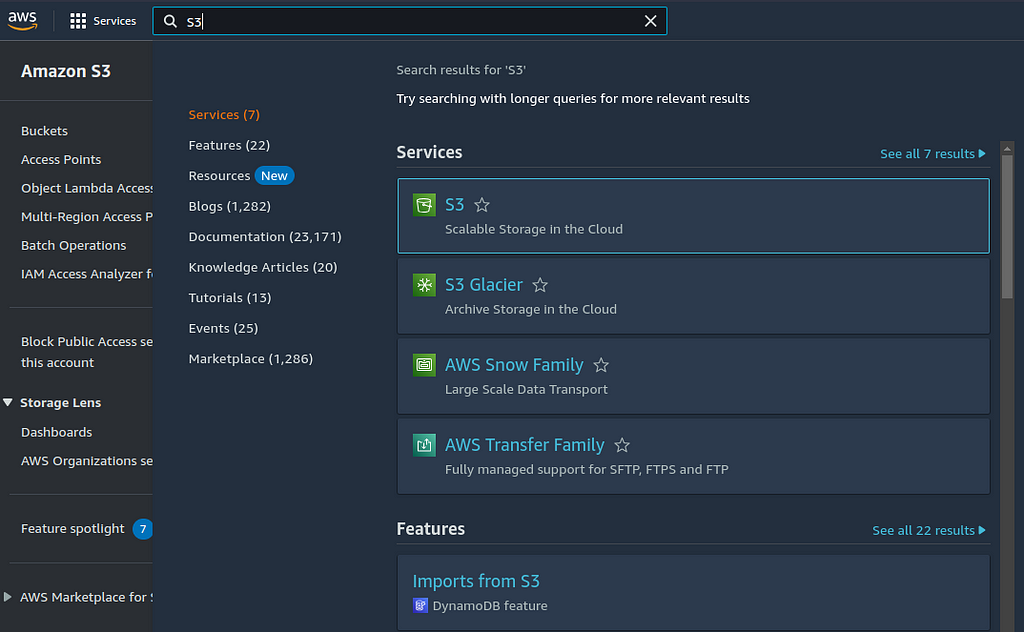 search s3 on aws console