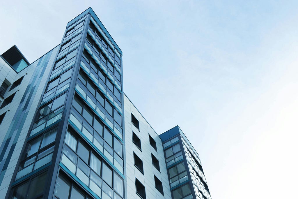 Modern apartment building exterior.