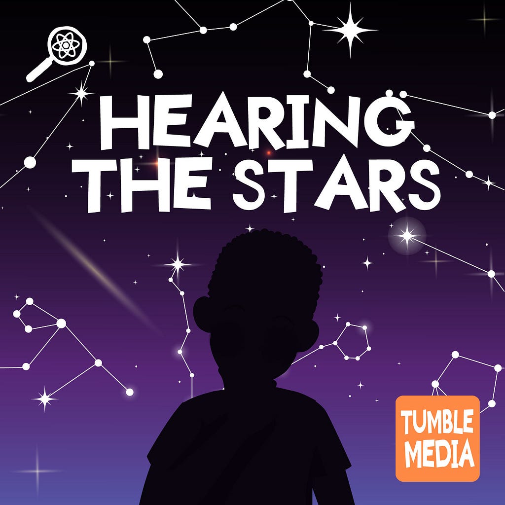 Episode Art for Hearing the Stars. A silhouette of a boy staring up in front of starry constellations in a purple and black background
