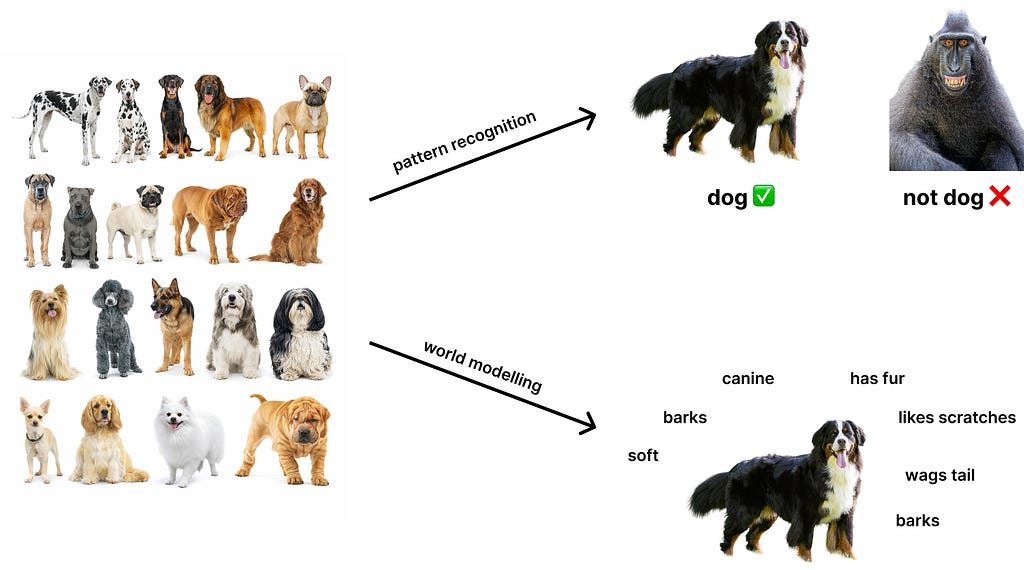 How a child might learn the concept of “dog”: through recognising a pattern that’s consistent across all examples of a dog they’ve encountered, or by building a mental model of what a dog is