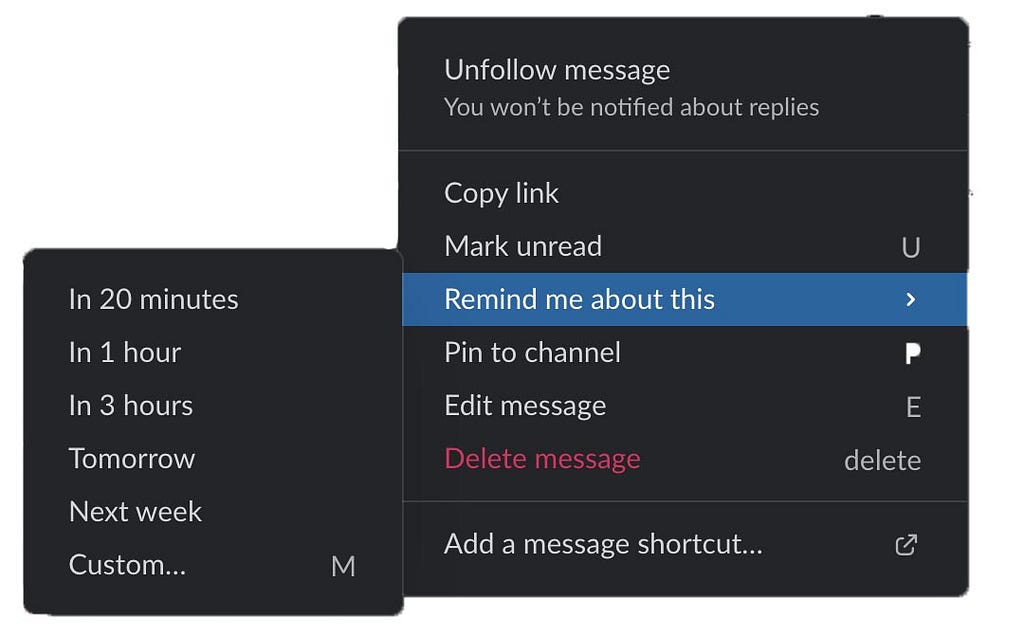 Screen shot of the menu that pops up when the 3 dots on a message is clicked
