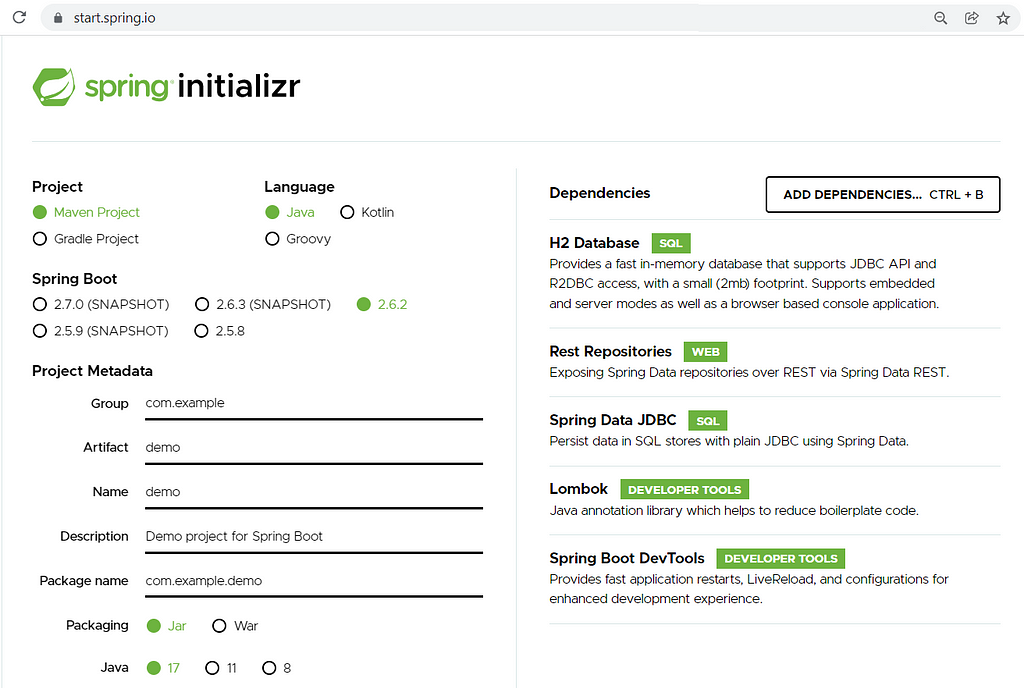 Spring Initializr settings