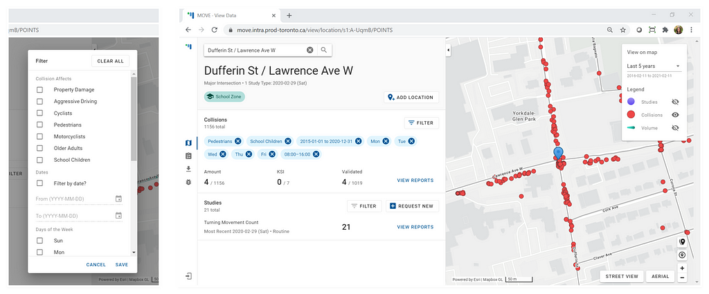 Map view of an intersection with data markers, detailed data view to the left, the data view has filters applied to filter down collision data by day of the week, date range, etc.