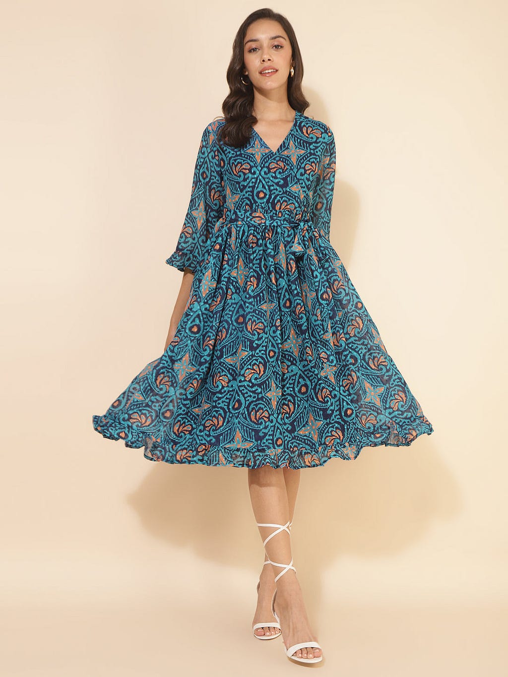 Blue Dobby Georgette Ikkat Printed Flared Dress
