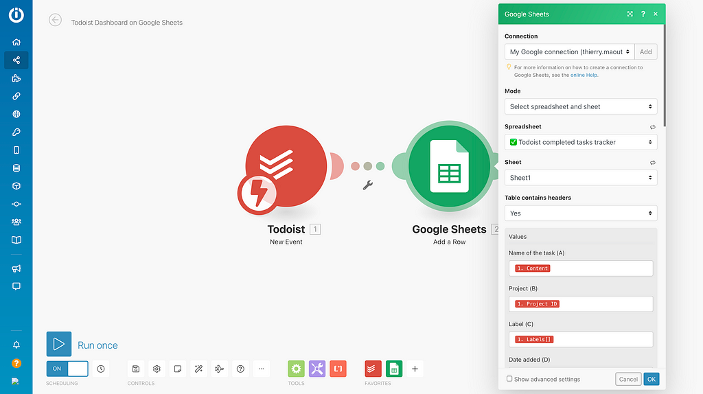 In the Integromat interface, setting up the Google Sheets module by matching fields with todoist imported data