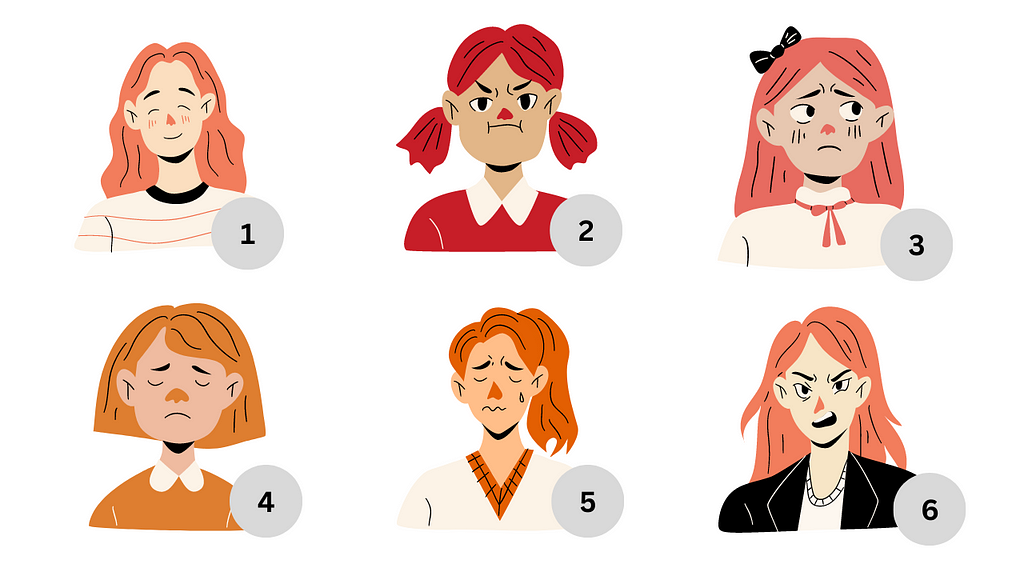 6 illustration of woman that represent sadness, anxiety, anger, contentment