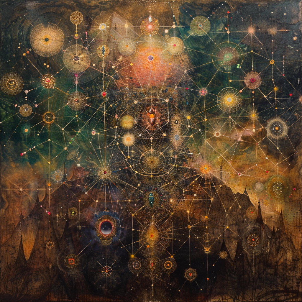 The Jeweled Net of Indra, an AI imagined painting.