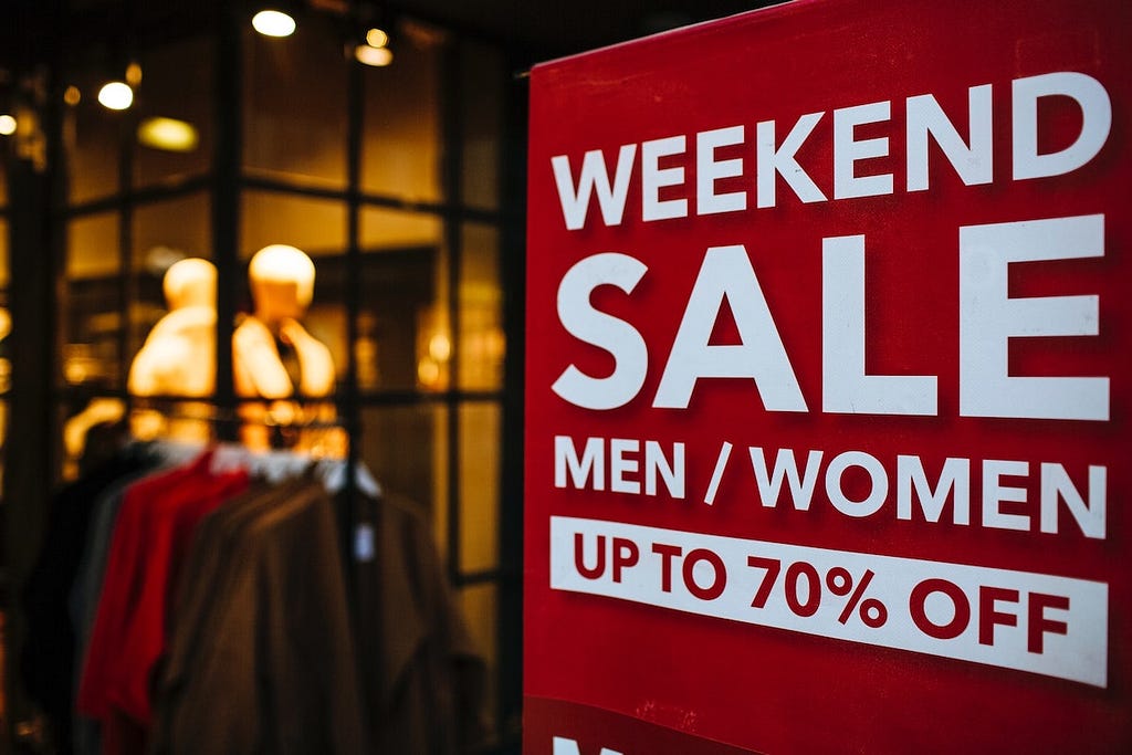 Image of a weekend sale sign in front of a clothing store