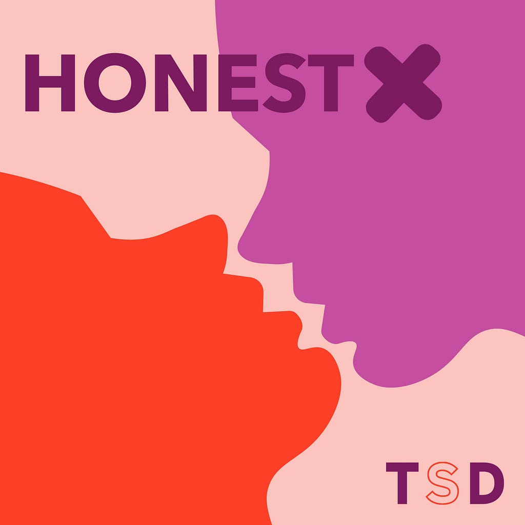 Thumbnail image for the Honest X podcast, in which two figures, one in purple and one in red respectively, are about to kiss and the words Honest X appear over a pink background.