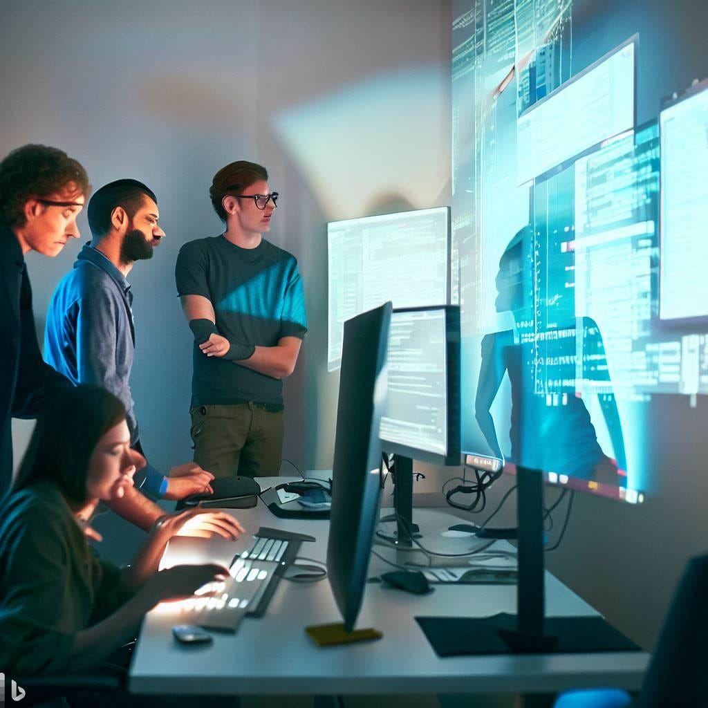 A digital product cross-functional team working in Mob Programming in a single-room office with a display projected on the wall, digital art. There is a single display, and everyone looking at it, and only one person has a keyboard. there is a lot of light in the room, everyone is smiling — generated by Bing AI