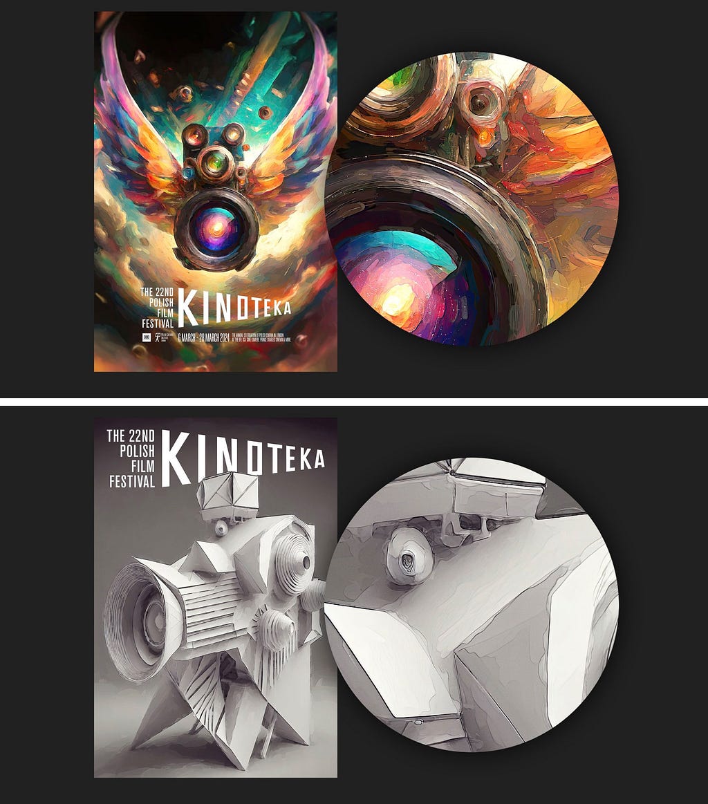 Two poster mockups on black backgrounds. Top: A generative AI illustration of a camera with rainbow-colored wings and multiple lenses (it’s largest focused on the viewer) hovers against a turquoise and cloud-filled background. At the bottom are the words “The 22nd Film Festival Kinoteka.” Alongside it, in a half circle, is a closeup of the painterly effects applied to the image. Bottom: A generative AI illustration of a vintage movie camera, flash, and tripod composed of white cut and paper.