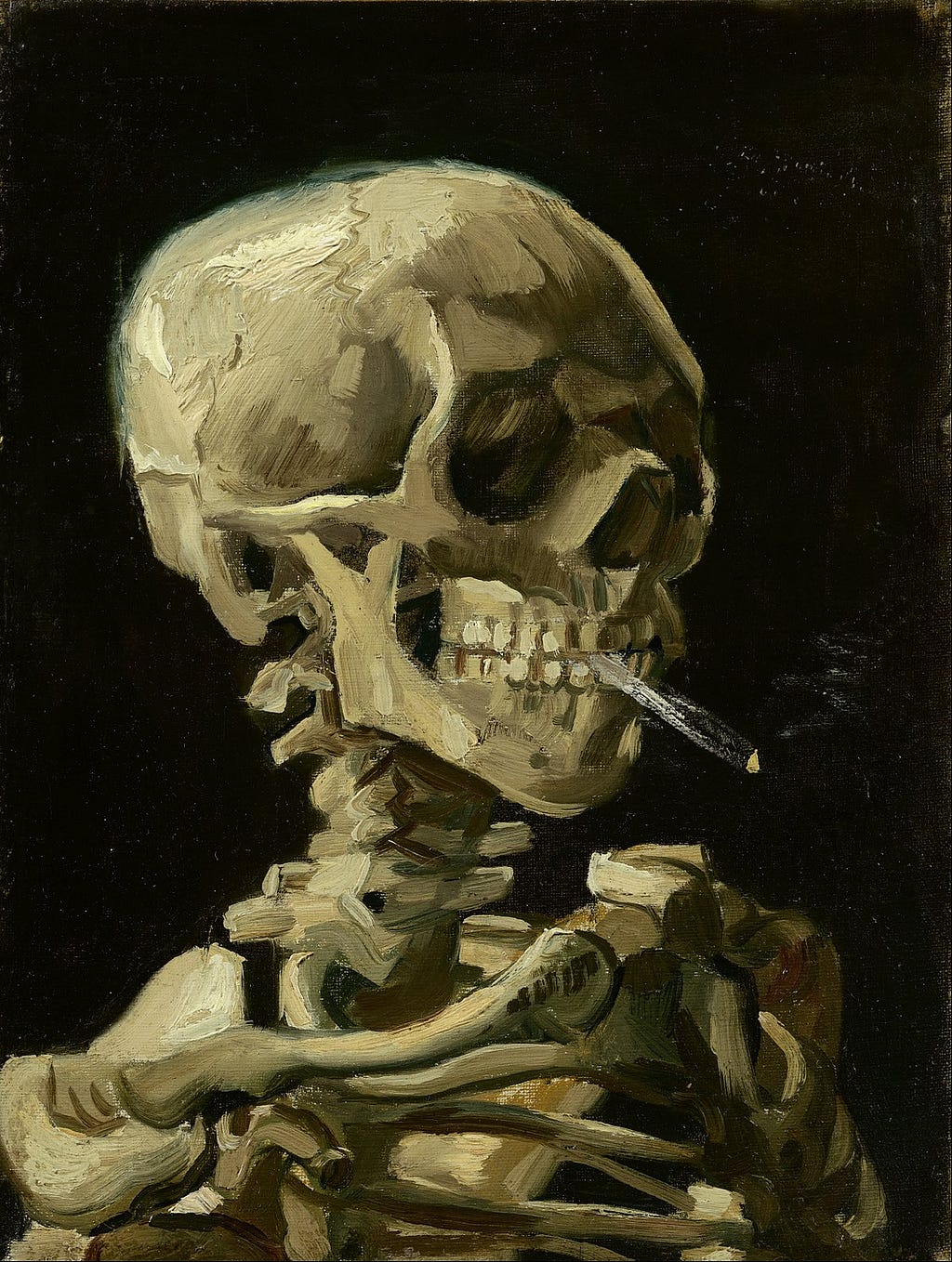 a painting of a skeleton with a black background clenching a rolled cigarette in their teeth. the original artist is Van Gogh
