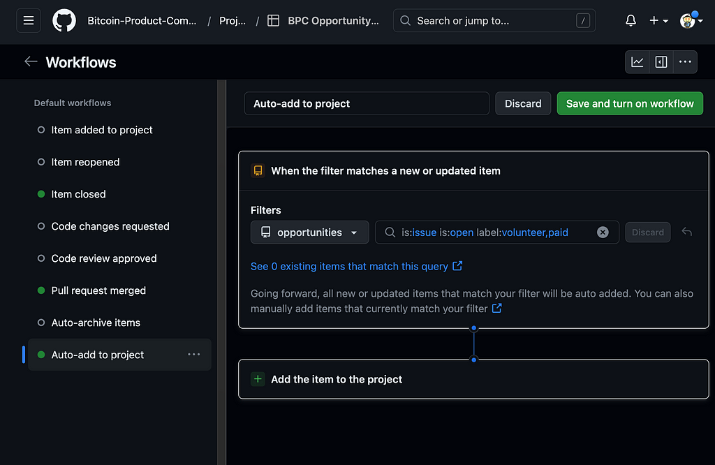 Picture of the dashboard to edit the criteria to trigger automatically adding issues to the project