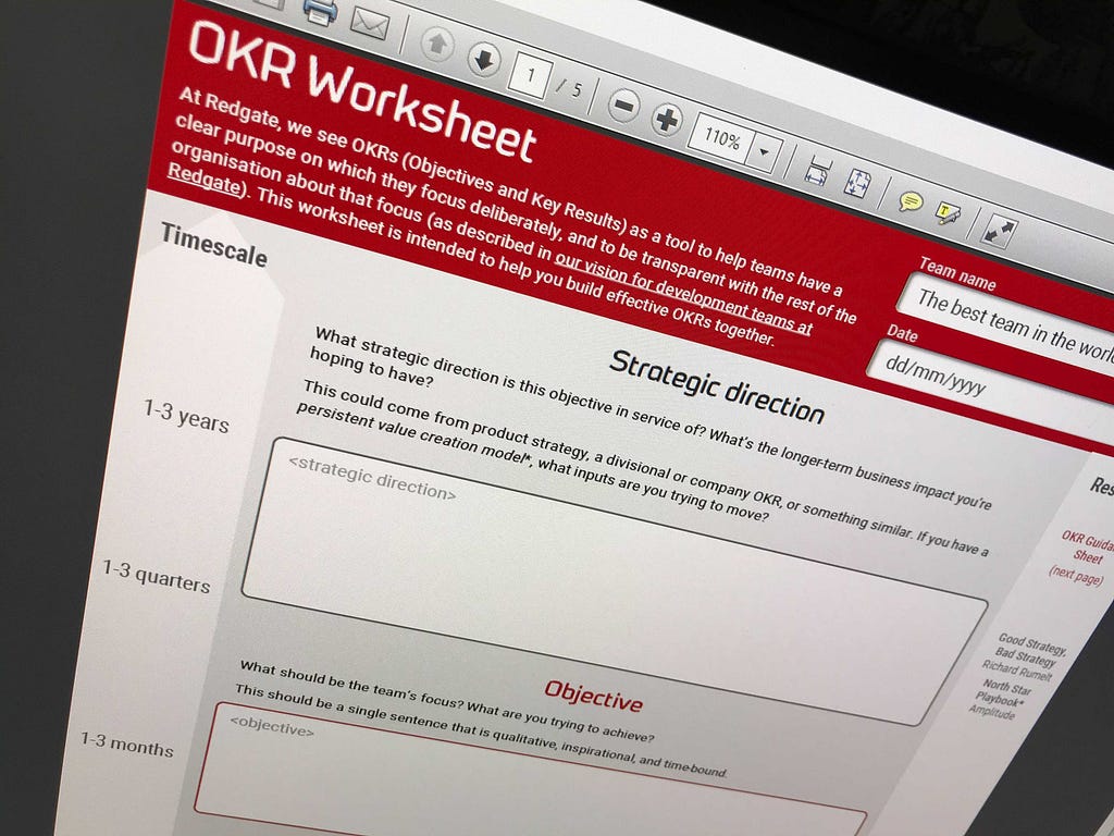 A picture of the OKR worksheet document in a pdf viewer