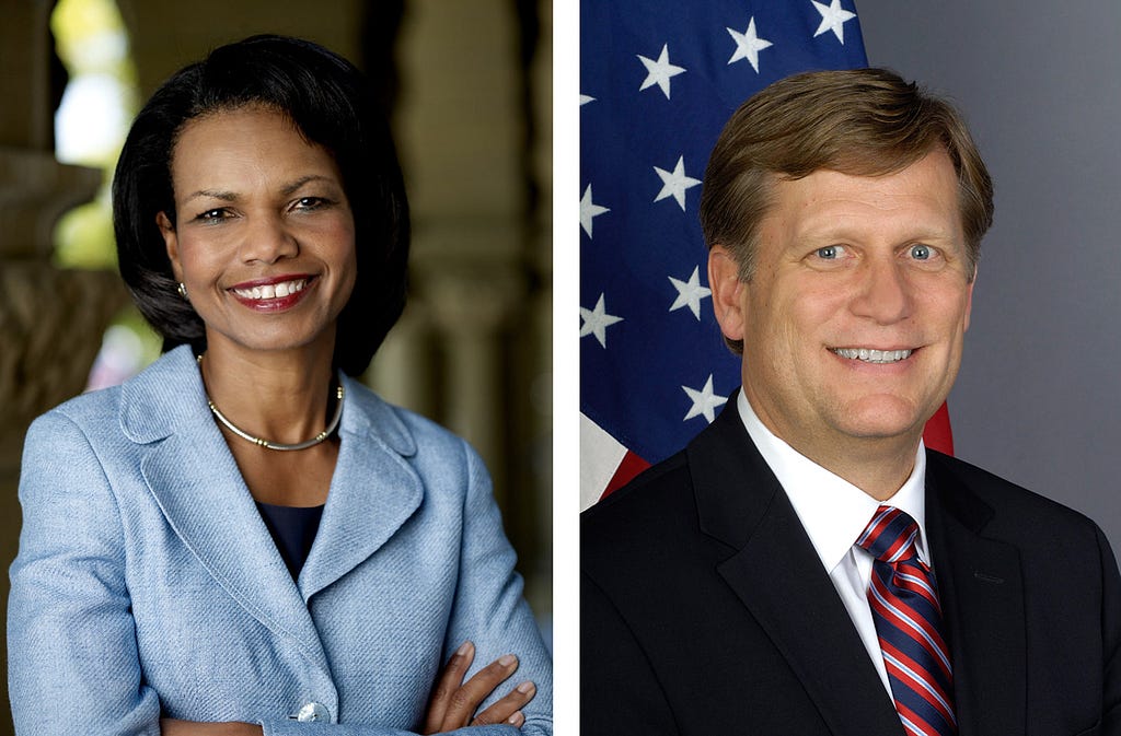 Pictures of Condoleezza Rice and Michael McFaul.