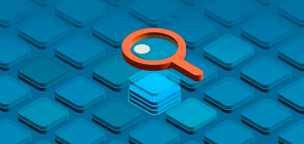 Choosing a CMS graphic. Magnifying glass over a number of abstract boxes that represent a CMS system.