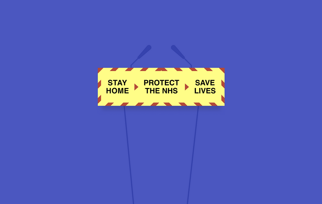 An illustration of a podium placard reading “Stay at home, Protect the NHS, Save Lives”. Background is yellow with red arrows