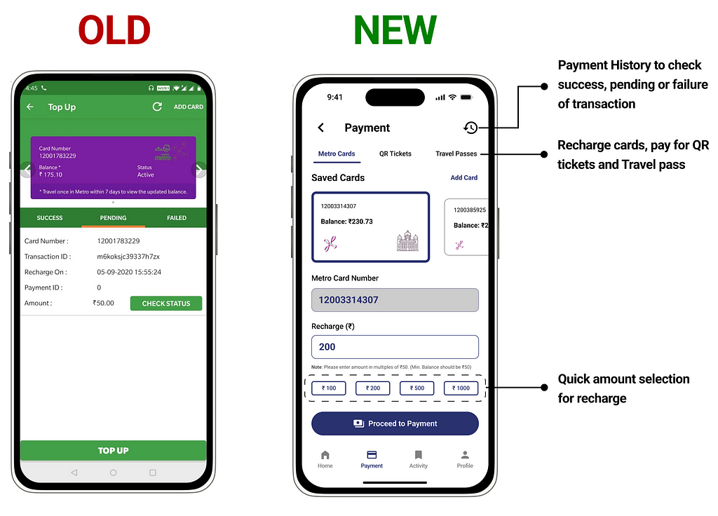 Side by side comparison of the old design of the payment page with the new design.