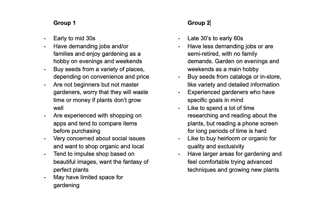 Screenshot of categories list for two different user groups