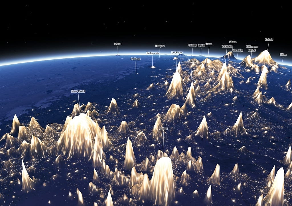 Human light emissions, provided by NASA satellite imagery, dictate the placement of new mountain ranges along with dark valleys and plains. Learn more at this article in The Washington Post: https://www.washingtonpost.com/weather/2019/03/06/if-night-lights-were-mountains-cartographer-invents-whole-new-way-look-earth/