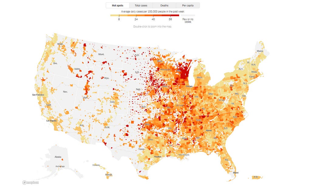 New York Times “hotspots” map of Covid case rates with gray for areas with very low density population