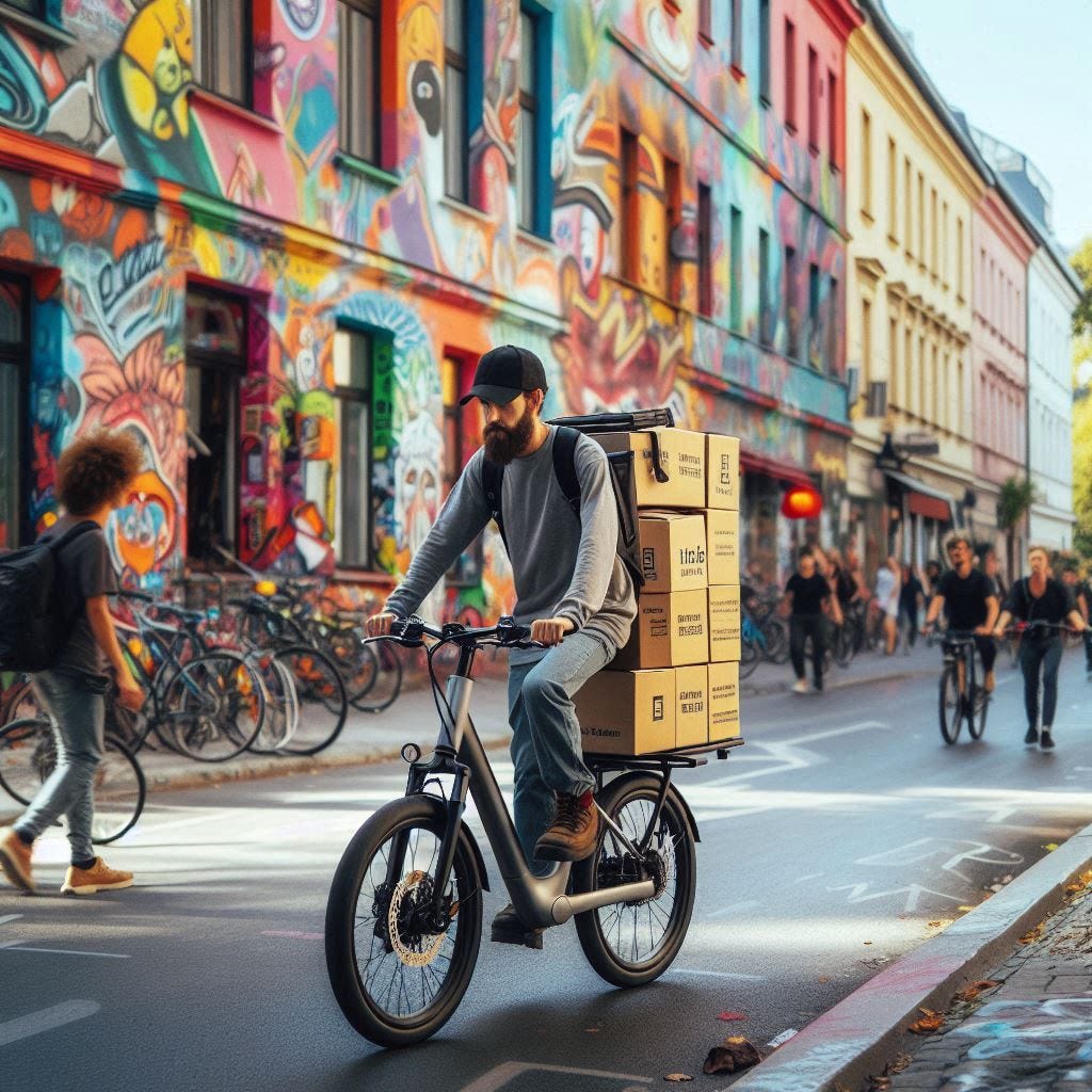 A delivery electric bike rider through congested city streets.