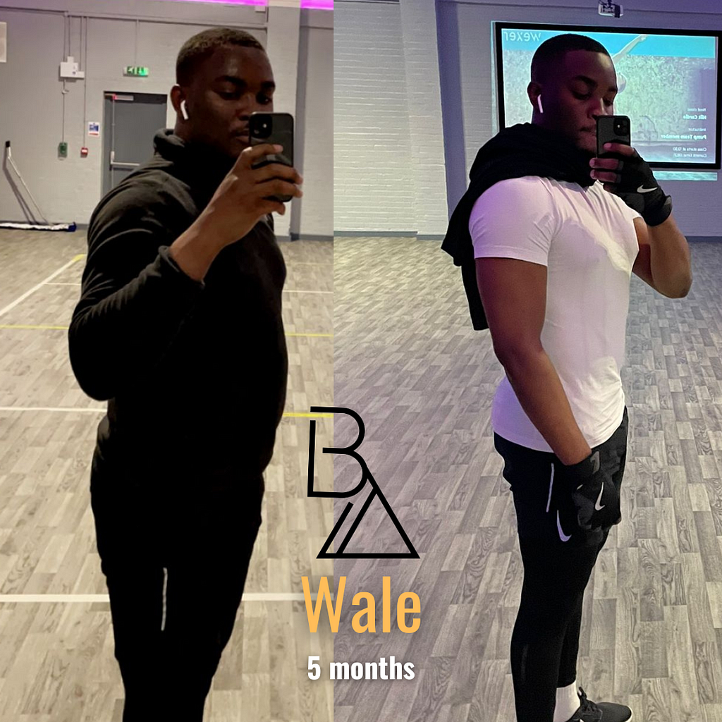 Wale Fat loss transformation with body ark before and after photo via online Personal trainer Andrew Mill