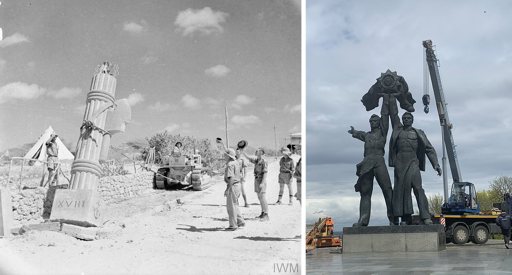 British troops pull down a Fascist stone monument at Kismayu in the former Italian Somaliland, April 1941 / Ukrainian authorities prepare to dismantle the Russo-Ukrainian “People’s Friendship Arch” in Kyiv, Ukraine, April 2022