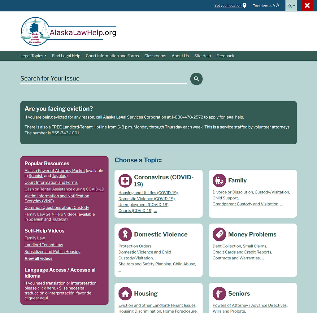 A screenshot of the new homepage of AlaskaLawHelp.org