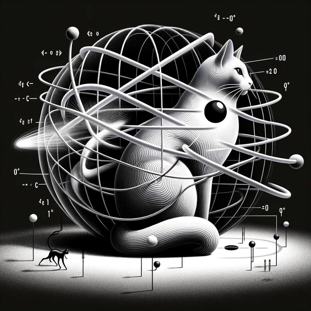 A cat in black in white encased in a bloch sphere trying to represent phase shift
