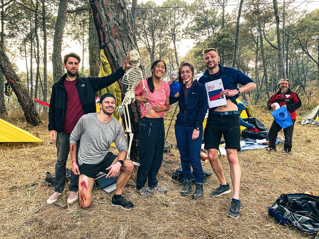 Wilderness First-Aid Mock Scenario Actors + Chandra (Left to Right: Leo, Myself, Muriel, Laure, Sean, and Chandra. Photo by Author