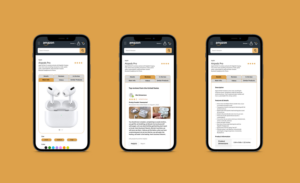 a collection of the redesigned screens on amazon’s product page, displayed are the product screen, the customer reviews, screen, a screen displaying the product description, product features and details, and other miscellaneous product information