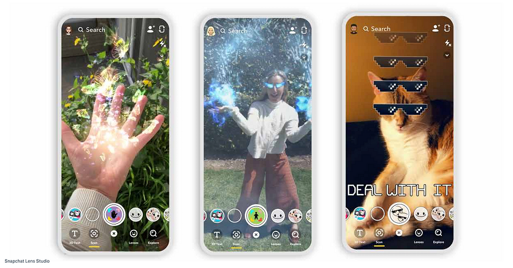 Image showcasing 3 examples of Snapchat Lens Studio effects