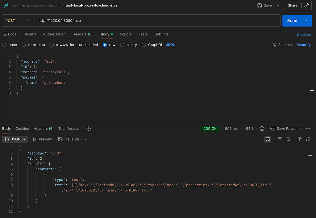Requesting the MCP server to get database schema in Postman