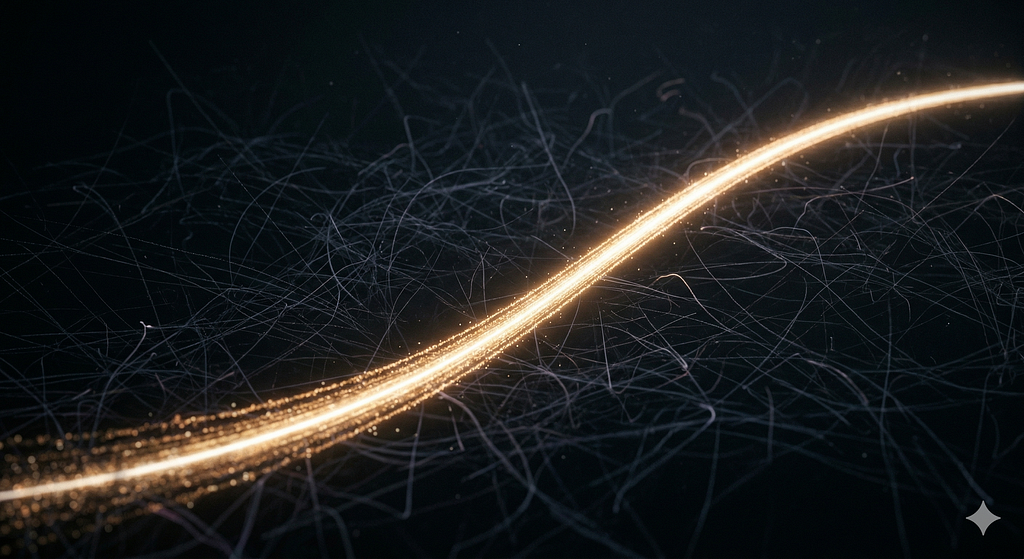 A line cutting through a bunch of smaller lines, symbolizing a subset of context being selected.