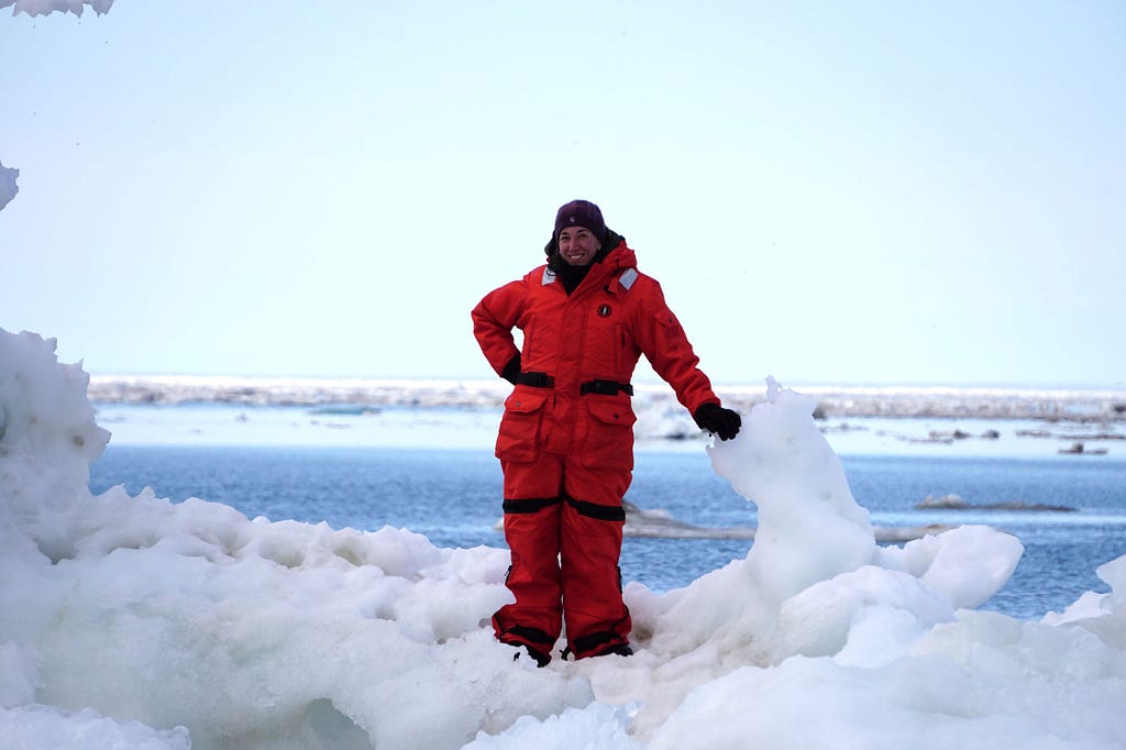 Danielle Brigida channeling her inner polar bear on ice in the Beaufort Sea.