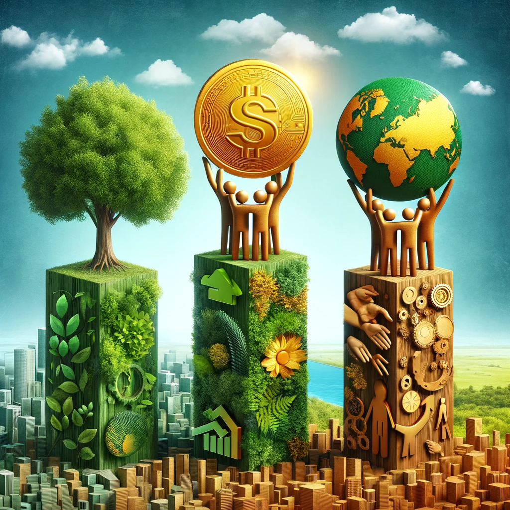 This image features the three pillars of sustainability: a green tree for environmental, a gold coin for economic, and figures holding hands for social sustainability, set against a blend of natural and urban backgrounds.