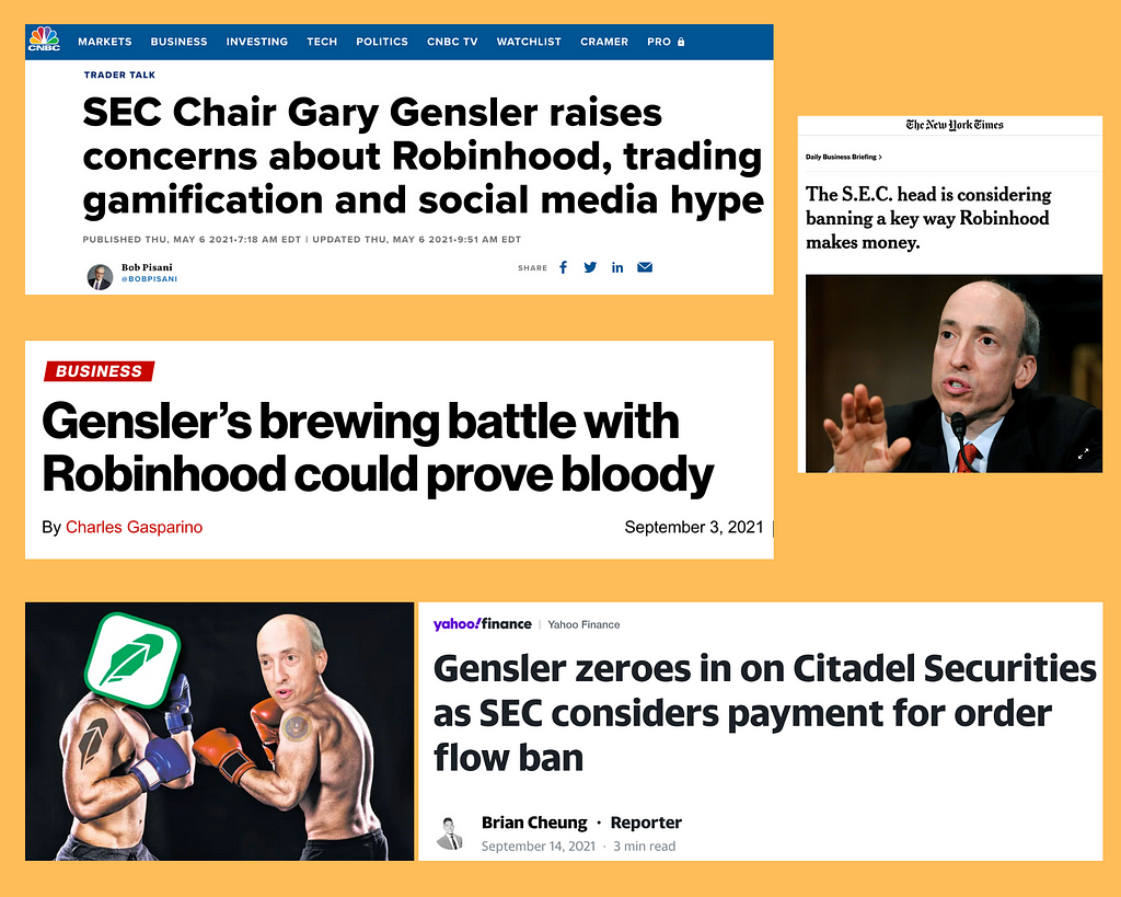 A collage of article headlines showing Gary Gensler, chair of the SEC, fighting with Robinhood.