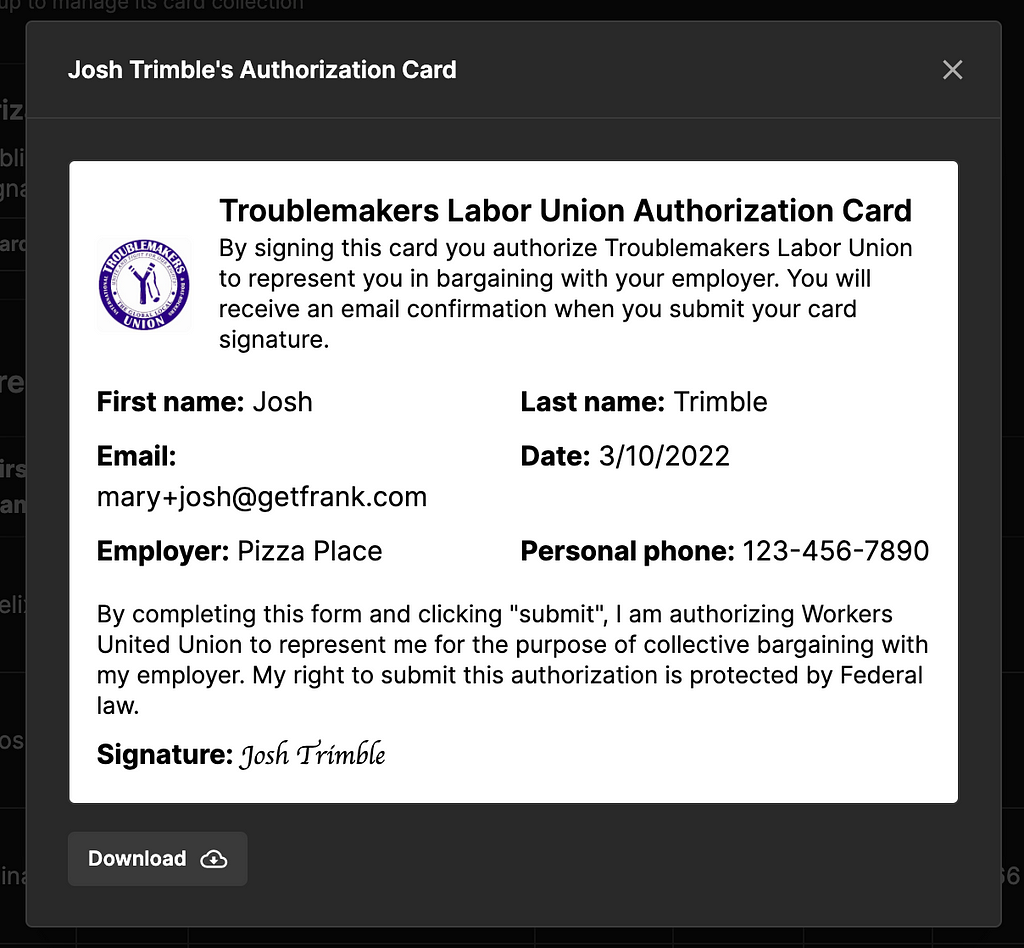 A screenshot of a digital authorization card for a union to represent a worker, inside GetFrank.com’s software.