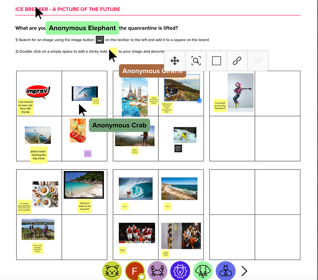 A screenshot of a MURAL board containing sticky notes and various images of destinations around the world and activities.