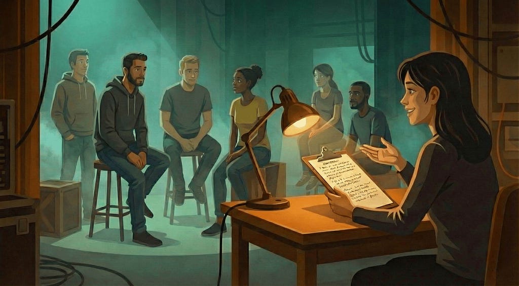 Illustration: The notes session. The stage manager coaches and advises the actors, telling them what worked and what failed. Created with Nano Banana.