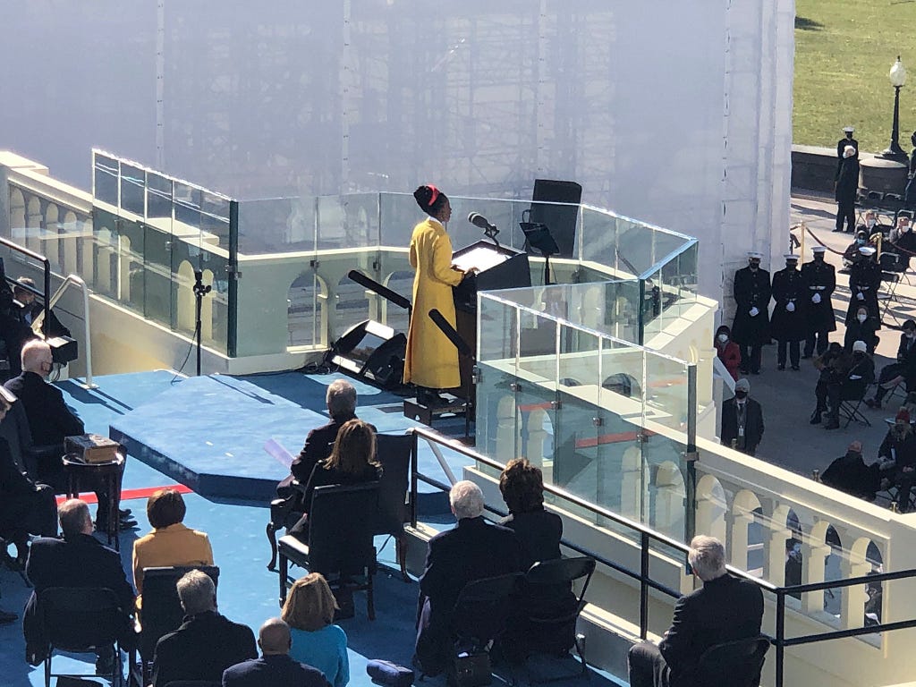Amanda Gorman reading her poem at the 2021 presidential inauguration