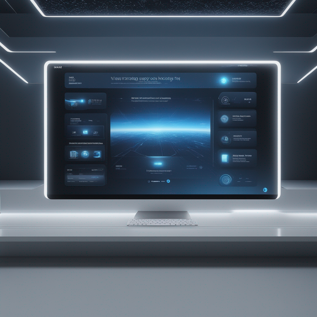 A futuristic search bar, user interacting, web application interface, digital space, ambient blue and bright white lighting, inspired by Minority Report’s UI design, futuristic minimalistic interactive style, digital art, user interface (UI) design, blue black bright white color scheme, 3D holographic elements, crisp, 8K resolution