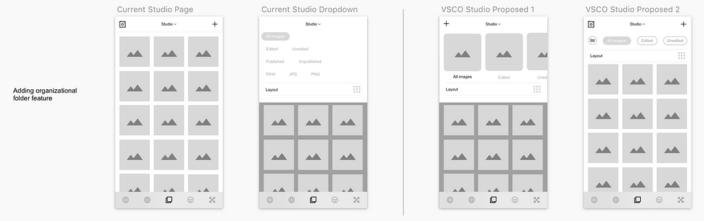 Low-fidelity iterations for a clean “folder” feature.