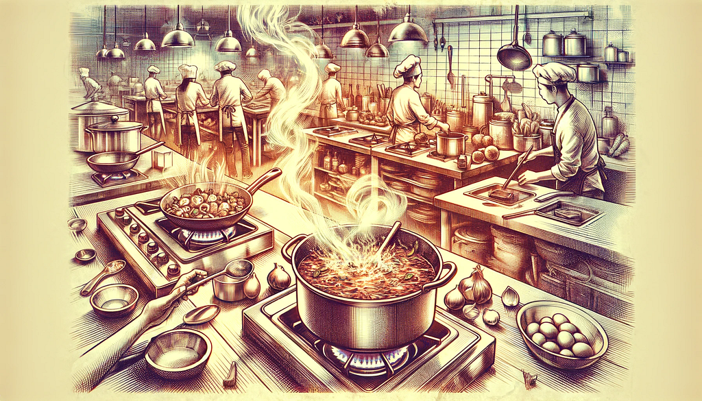 A retro editorial style sketch illustration of a bustling kitchen with a Pot of stew on the stove next to a wok of stir-fry also being cooked simultaneously representing the different “methods” of cooking preparation as being similar to ML model approaches.