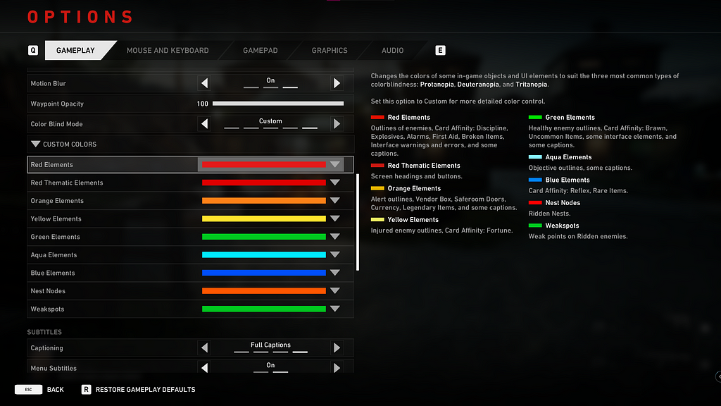 Colour blind options for the game Back 4 Blood, allowing for extensive colour customisation