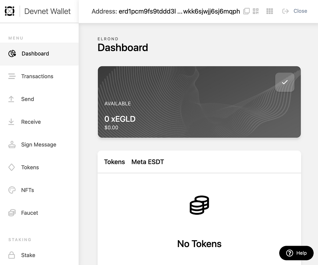 Elrond DevNet Wallet — Dashboard